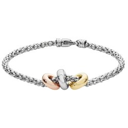 Silver Rhodium Plated Tricolour Gold Plated Rings Mesh Bracelet 