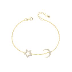 Silver Yellow Gold Plated Cz Star & Moon Bracelet 