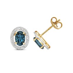 Diamond & London Blue Topaz Oval Halo Studs In 9ct Gold 