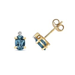 Diamond & London Blue Topaz Oval Claw Set Studs In 9ct Gold 