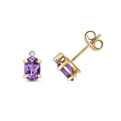 Diamond & Amethyst Oval Claw Set Studs In 9ct Gold 
