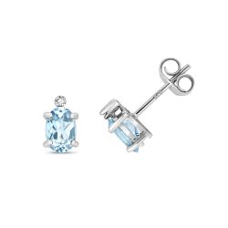 Diamond & Aquamarine Oval Claw Set Studs In 9ct White Gold 