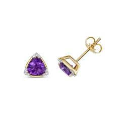 Diamond & Amethyst Rounded Triangle With Corner Set Studs In 9ct Gold 