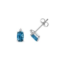 Diamond & London Blue Topaz Oval Claw Set Studs In 9ct White Gold 