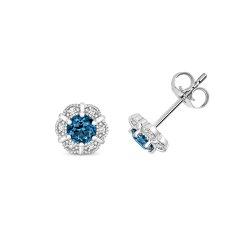 Diamond & London Blue Topaz Round Deco Style Cluster Studs In 9ct White Gold 