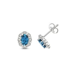 Diamond & London Blue Topaz Oval Deco Style Cluster Studs In 9ct White Gold 