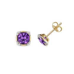 Diamond & Amethyst Cushion With Corner Set Studs In 9ct Gold 