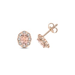 Diamond & Morganite Oval Deco Style Cluster Studs In 9ct Rose Gold 