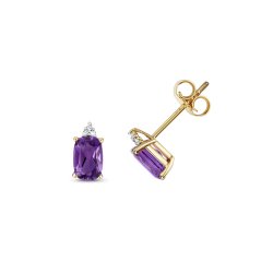 Diamond & Amethyst Oval Claw Set Studs In 9ct Gold 