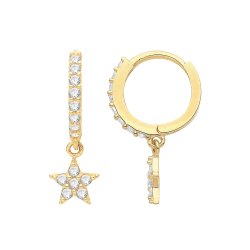 9ct Gold Cz Star Drop Hinged Earrings 