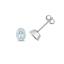 Aquamarine Oval Rubover Set Studs In 9ct White Gold 