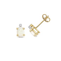 Diamond & Opal Oval Claw Set Studs In 9ct Gold 