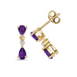 Diamond & Amethyst Drop Earrings In 9ct Gold 