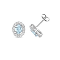 Diamond & Aquamarine Halo Earring Studs In 9ct White Gold 