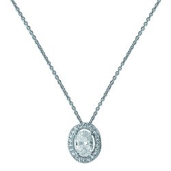 Silver Rhodium Plated Oval Halo Cz Necklet 