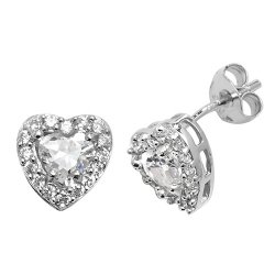 Silver Heart Cz Halo Studs 