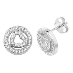 Silver Cz Halo Heart Studs 