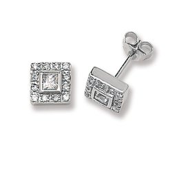Silver Square Cz Halo Studs 