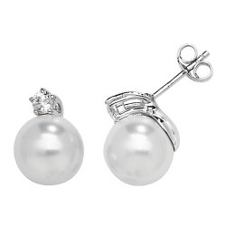 Silver Rhodium Plated Cz And Pearl Studs 