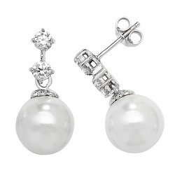 Silver Rhodium Plated Doubel Cz And Pearl Drops 