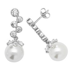 Silver Rhodium Plated Graduated Cz Bezel And Pearl Drops 