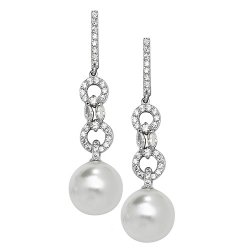Silver Rhodium Plated Double Circle Cz And Pearl Drops 
