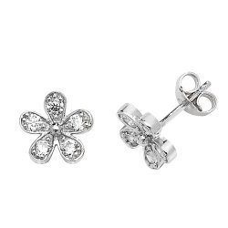 Silver Rhodium Plated Cz Flower Studs 