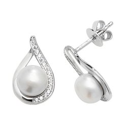 Silver Rhodium Plated Pear Shape Cz And Pearl Studs 