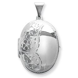 Silver Flower Design Engraved Oval Locket 