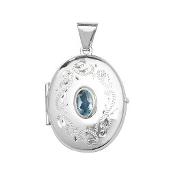 Silver Blue Topaz Engraved Oval Locket 