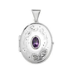 Silver Amethyst Engraved Oval Locket 
