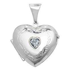 Silver Blue Topaz Engraved Heart Locket 