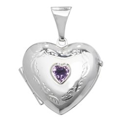 Silver Amethyst Engraved Heart Locket 