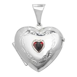 Silver Garnet Engraved Heart Locket 