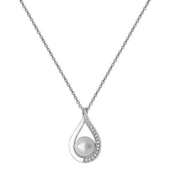 Silver Rhodium Plated Freshwater Pearl And Pear Shape Cz Set Necklet 