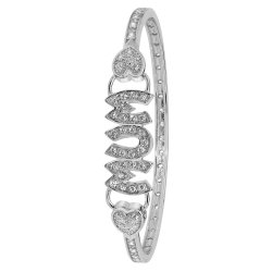 Silver Cz Mum And Heart Hinged Oval Bangle 