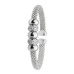 Silver Rhodium Plated Cz Beaded Mesh Bangle 