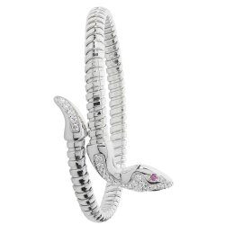 Silver Rhodium Plated Red Eyes Cz Snake Bangle 