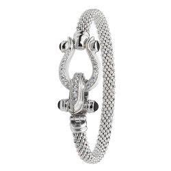 Silver Cz Horseshoe Clasp Mesh Bangle 