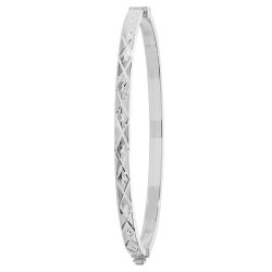 Silver Diamond Cut Square Tube Hinged Oval Bangle 