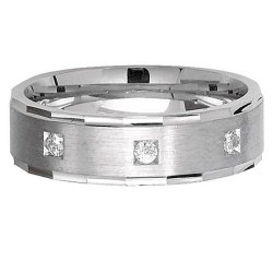 Silver 6mm Satin Dc Edge & 3 Cz Wed Band 