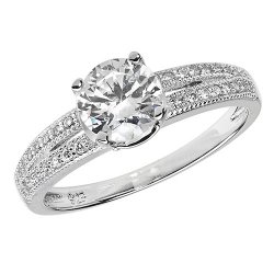 Silver Cz Solitaire With Pave Set Shoulders Ring 