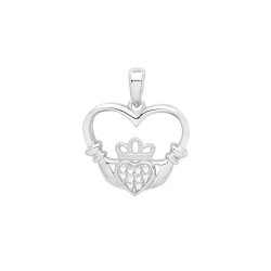 Silver Rhodium Plated Cz Set Heart Claddagh Pendant 