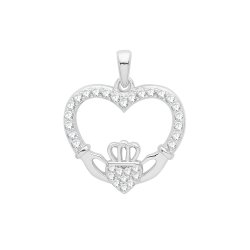 Silver Rhodium Plated Cz Set Heart Claddagh Pendant 