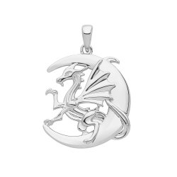 Silver Rhodium Plated Dragon On Moon Pendant 