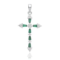 Silver Rhodium Plated Cz Cross Pendant Green 