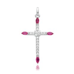 Silver Rhodium Plated Cz Cross Pendant Red 
