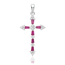 Silver Rhodium Plated Cz Cross Pendant Red 