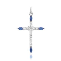 Silver Rhodium Plated Cz Cross Pendant Blue 