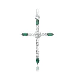 Silver Rhodium Plated Cz Cross Pendant Green 